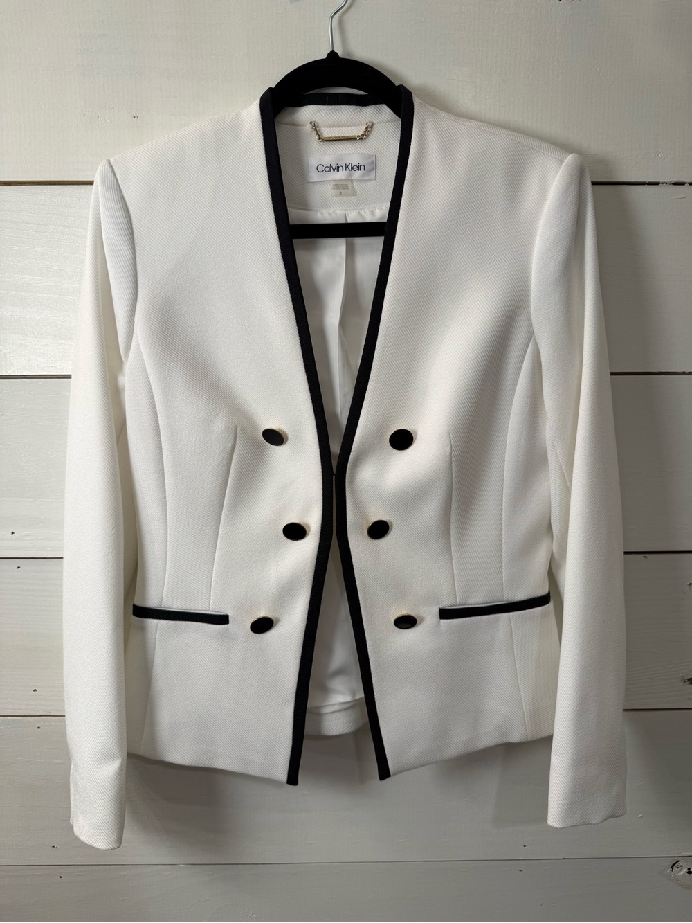 Calvin Klein White Blazer with Black Trim and Decorative Buttons